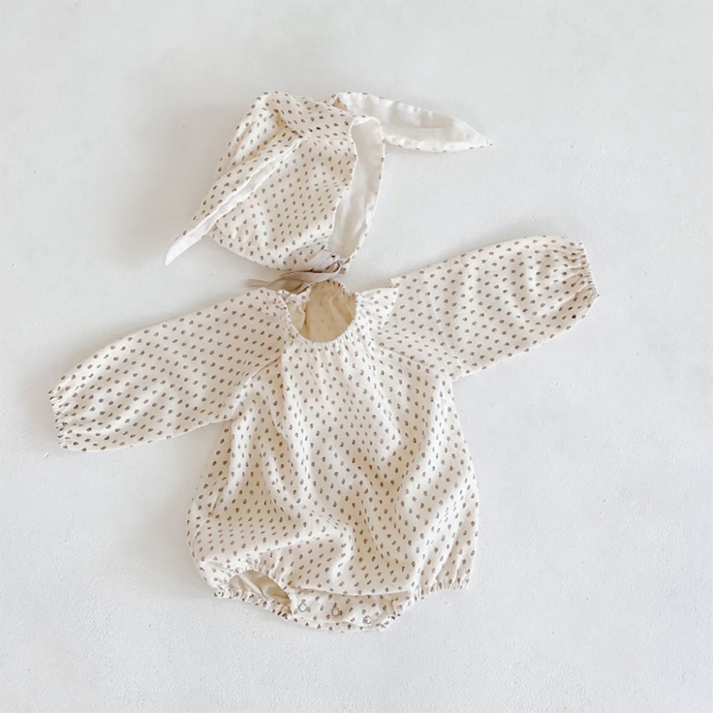 Polkadot Baby Romper Bunny Hat Set Ivory Beige